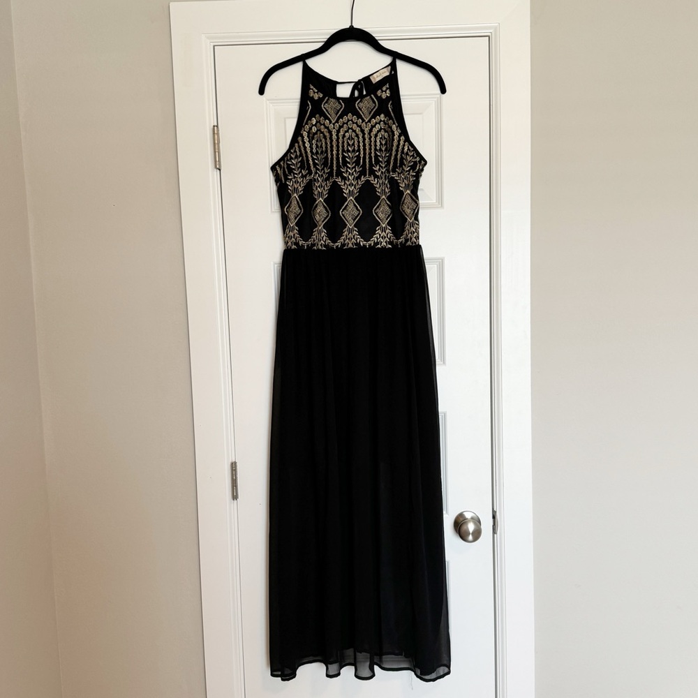 Altar’d State Black and Gold Embroidered Empire Waist Dress